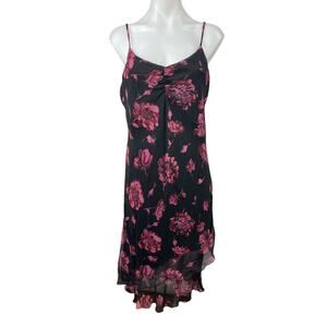 Rampage Black Pink Floral Sleeveless Asymmetrical Mini Cami Tank Slip Dress Sz 9
